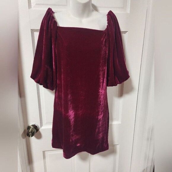 Rebecca Minkoff Fuchsia Vienne Velvet Square Neck Short Puff Sleeve Mini Dress - Picture 6 of 11
